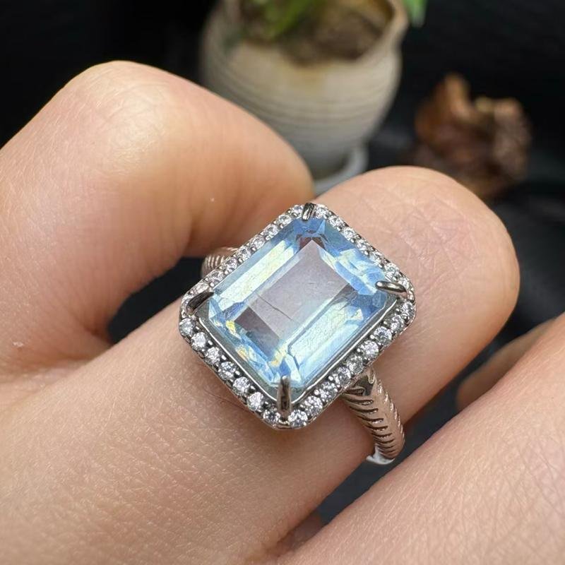 natural aquamarine square faceted ring | large stone sterling silver